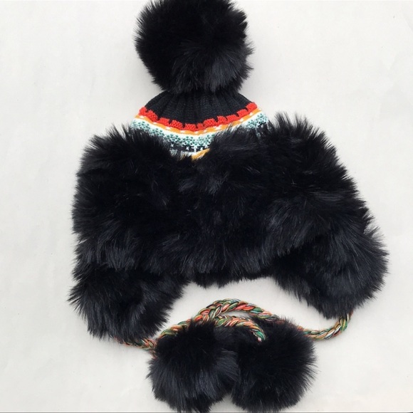SOLD!!! Free People x Urban Outfitters Vegan Black Fur Pom Pom Winter Trapper Ha - Picture 10 of 13
